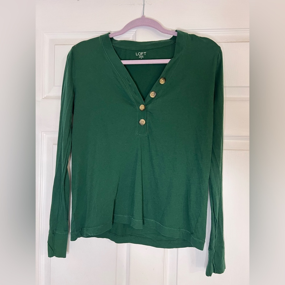 LOFT Forest Green  v neck Long‎ Sleeve Top with button details